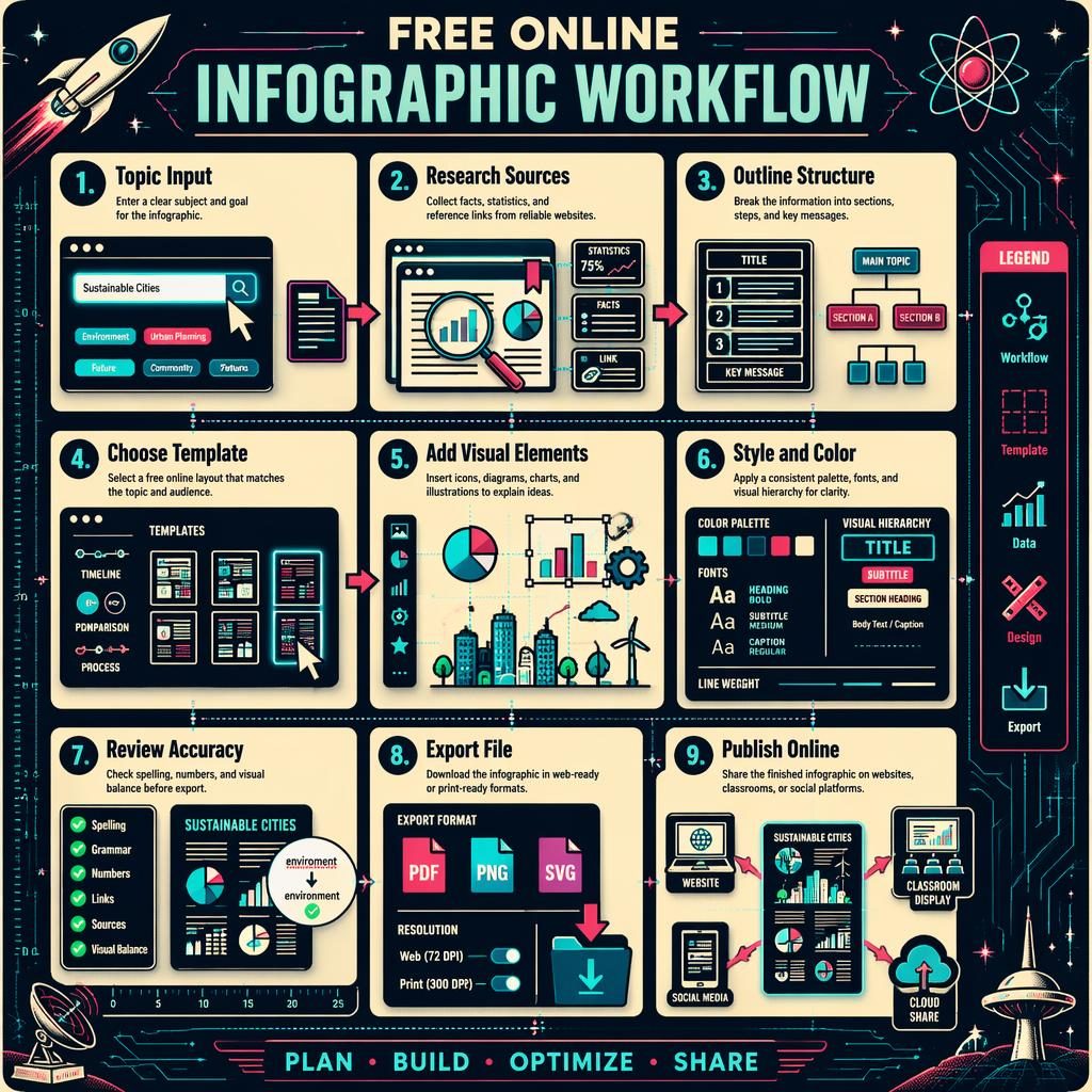 Póster infográfico vertical con 9 pasos, flechas, panel lateral y estilo retro futurista en cian y magenta.