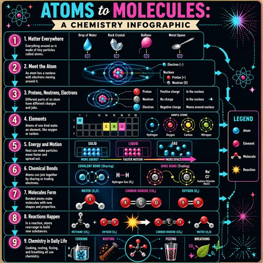 Portrait chemistry infographic poster with 9 numbered stages, atom diagrams, molecule models, neon cyan and magenta retro style.