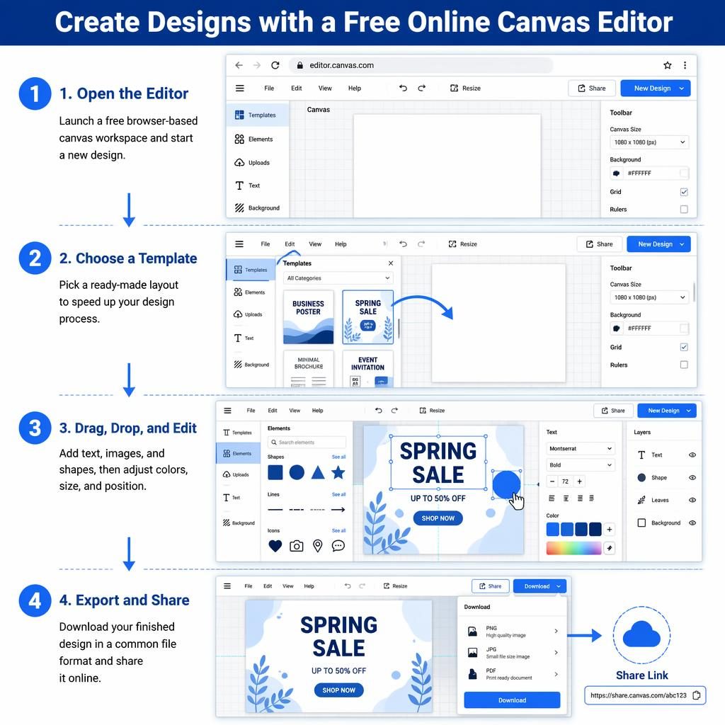 Póster infográfico vertical con editor online de canvas gratis en 4 pasos, flechas, paneles UI azules y menú de descarga.