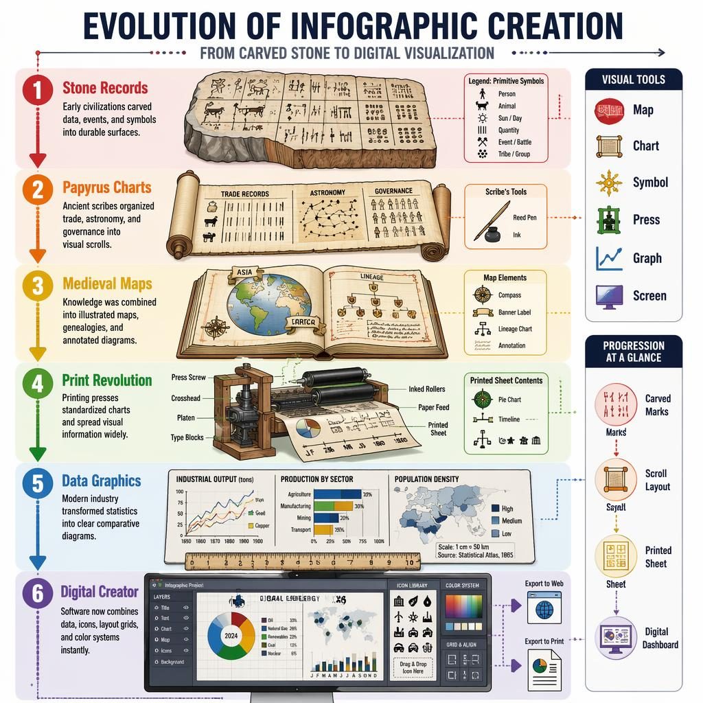 Póster infográfico vertical con 6 etapas históricas, flechas, líneas punteadas y diagrama técnico del creador de infografias.