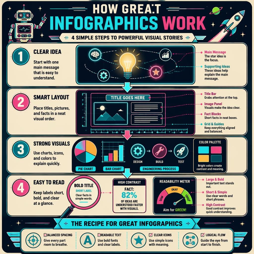 Portrait kids infographic poster showing 4 steps for high quality infographics with arrows, charts, grid, lightbulb and checklist.