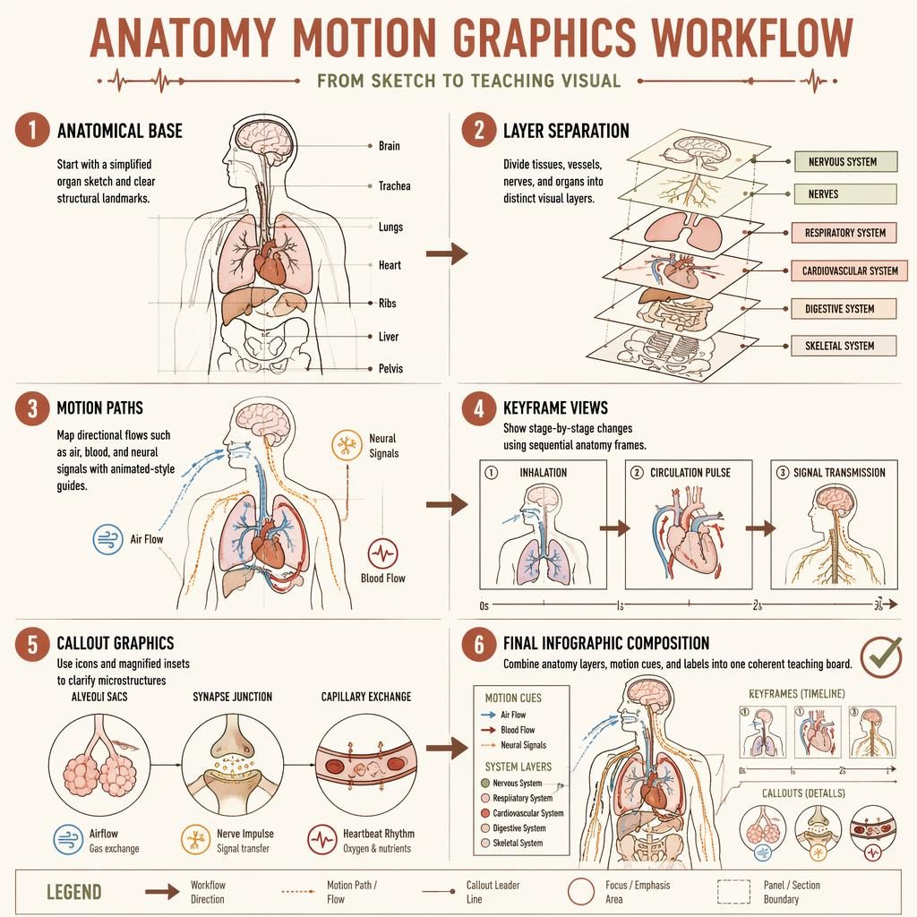 Portrait anatomy workflow infographic in warm earth tones with 6 numbered sketch-style panels, arrows, labels, legend, and torso diagrams.