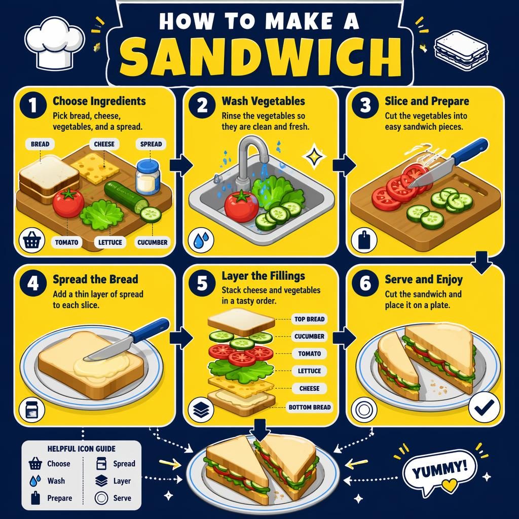 Póster infográfico infantil en vertical con 6 pasos para hacer un sándwich, paneles amarillos, flechas azules y comida isométrica.