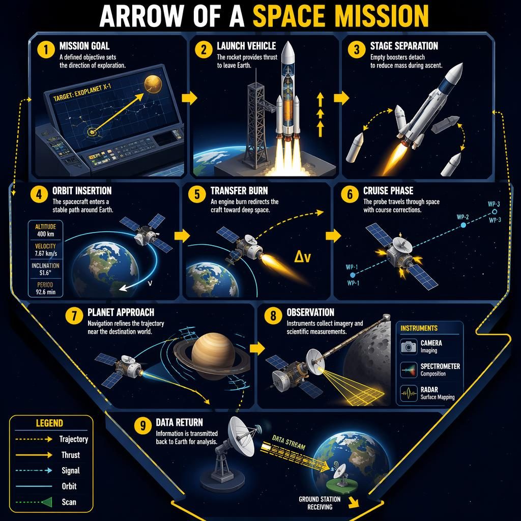 Isometric 3D space infographic arrow with 9 numbered mission stages, yellow and navy labels, rocket, probe, orbit, scan and signal