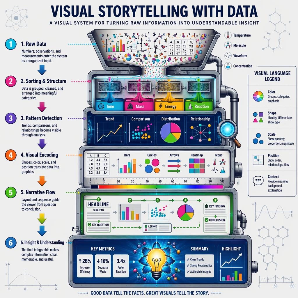 Portrait educational poster showing 6 numbered cutaway stages from raw data to insight, with charts, arrows, legend panel.