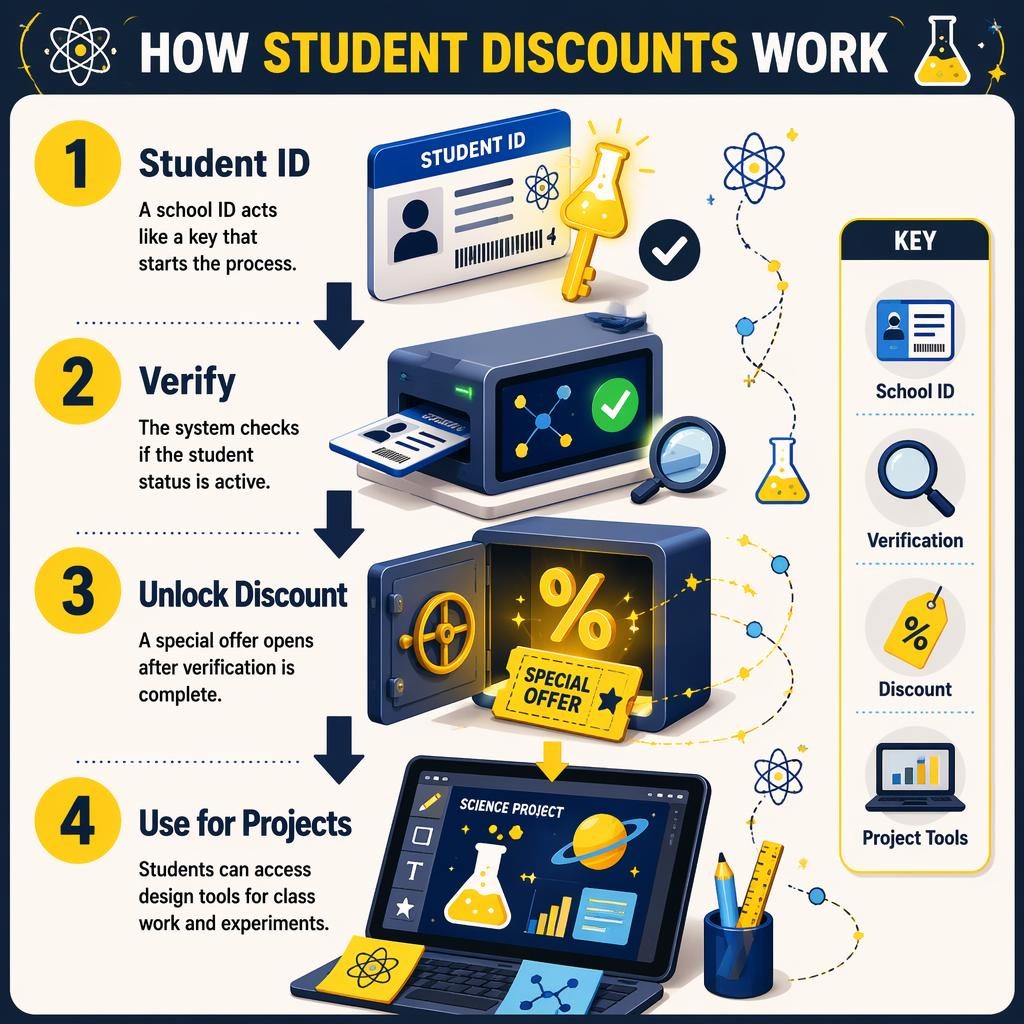Portrait infographic showing 4 isometric steps for venngage student discount with school ID, verify, unlock discount, and project tools.