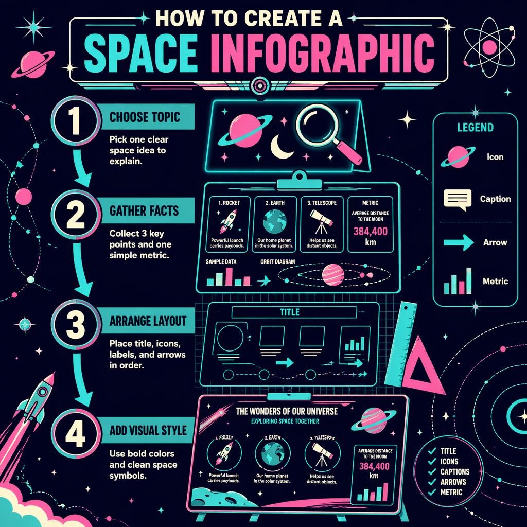 Portrait space infographic poster with 4 numbered steps, arrows, neon cyan and magenta icons, and classroom labels.