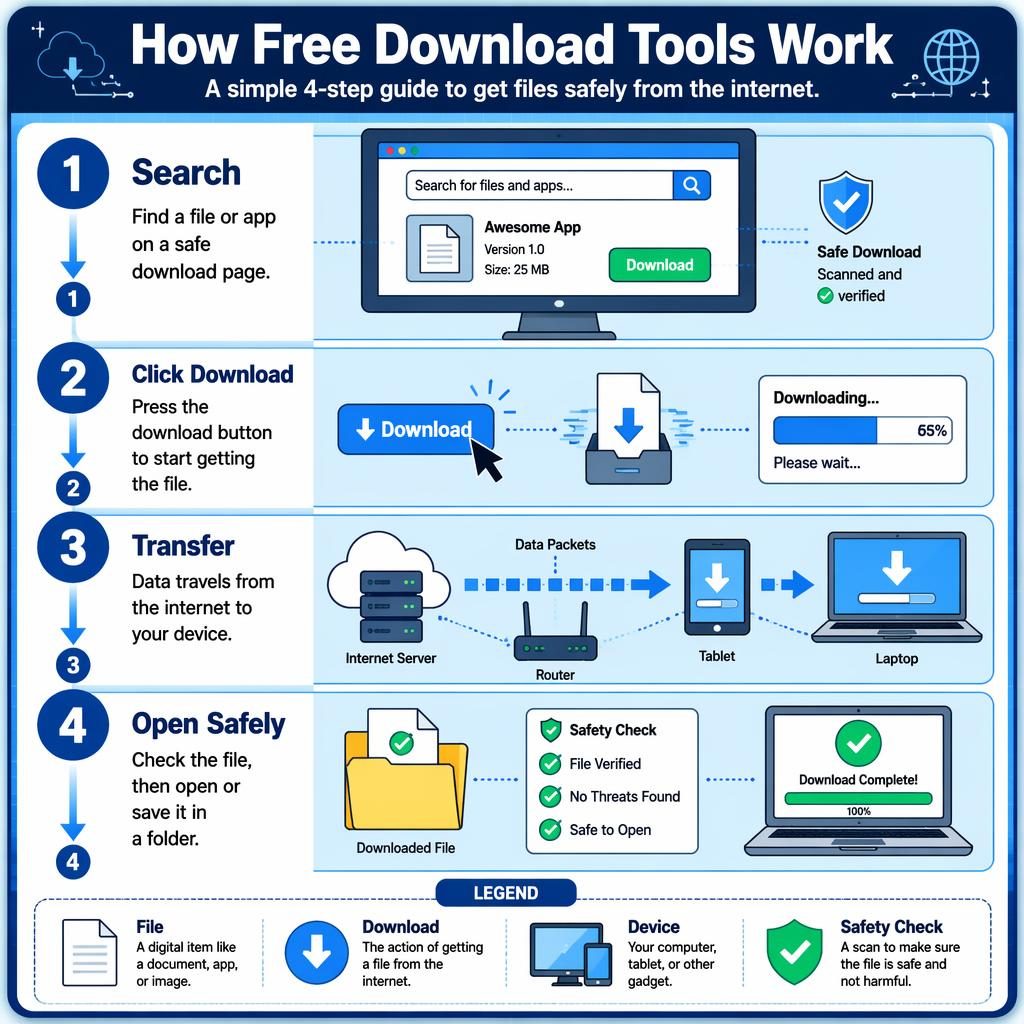 Portrait kids infographic showing 4 steps of free download tools with blue arrows, devices, cloud transfer, folder, and safety icons.