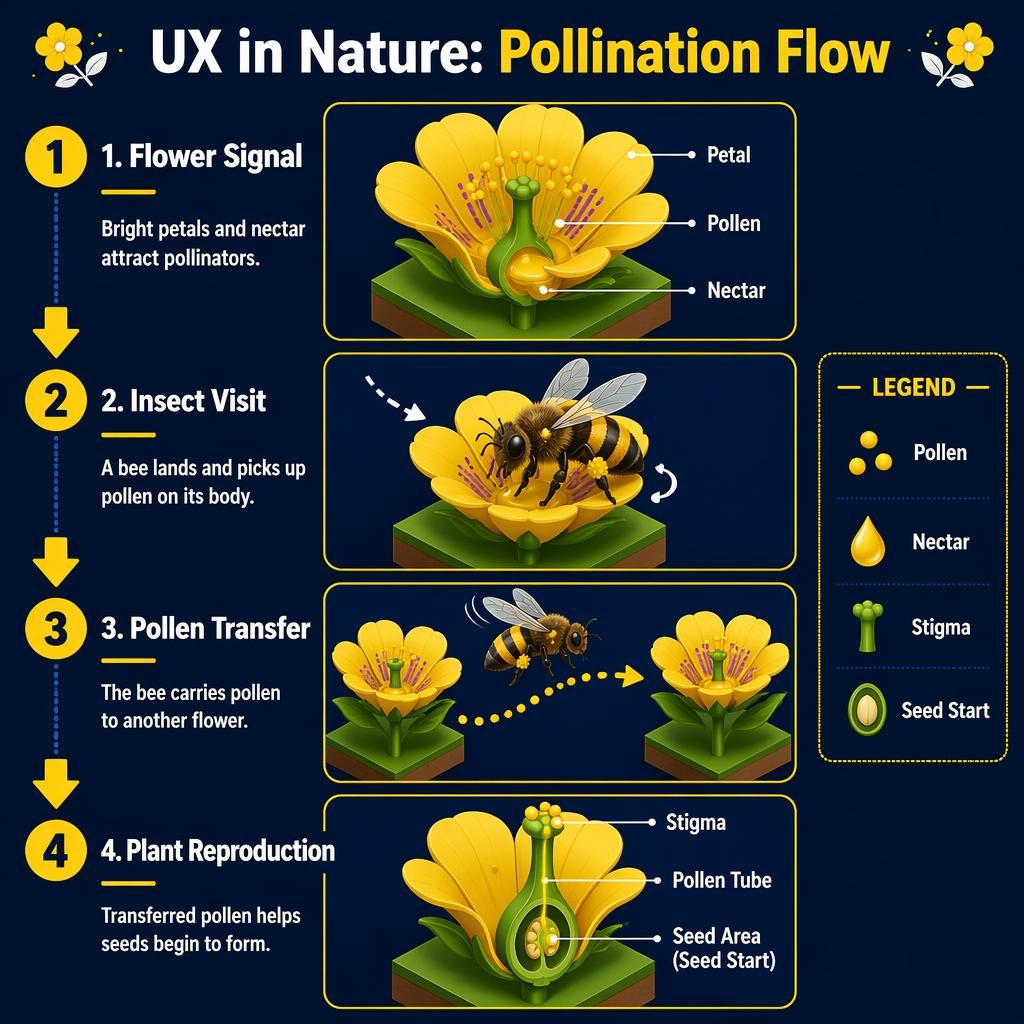 Portrait UX infographic poster showing 4-step pollination flow with flowers, bee, arrows, legend, and yellow navy labels.