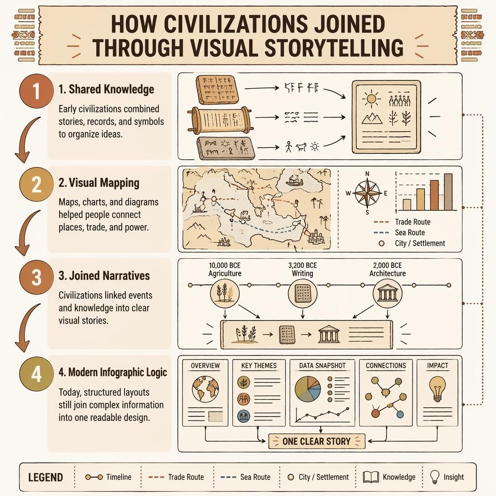 Portrait educational infographic with 4 hand-drawn history steps, arrows, map, timeline, and modern infographic board.
