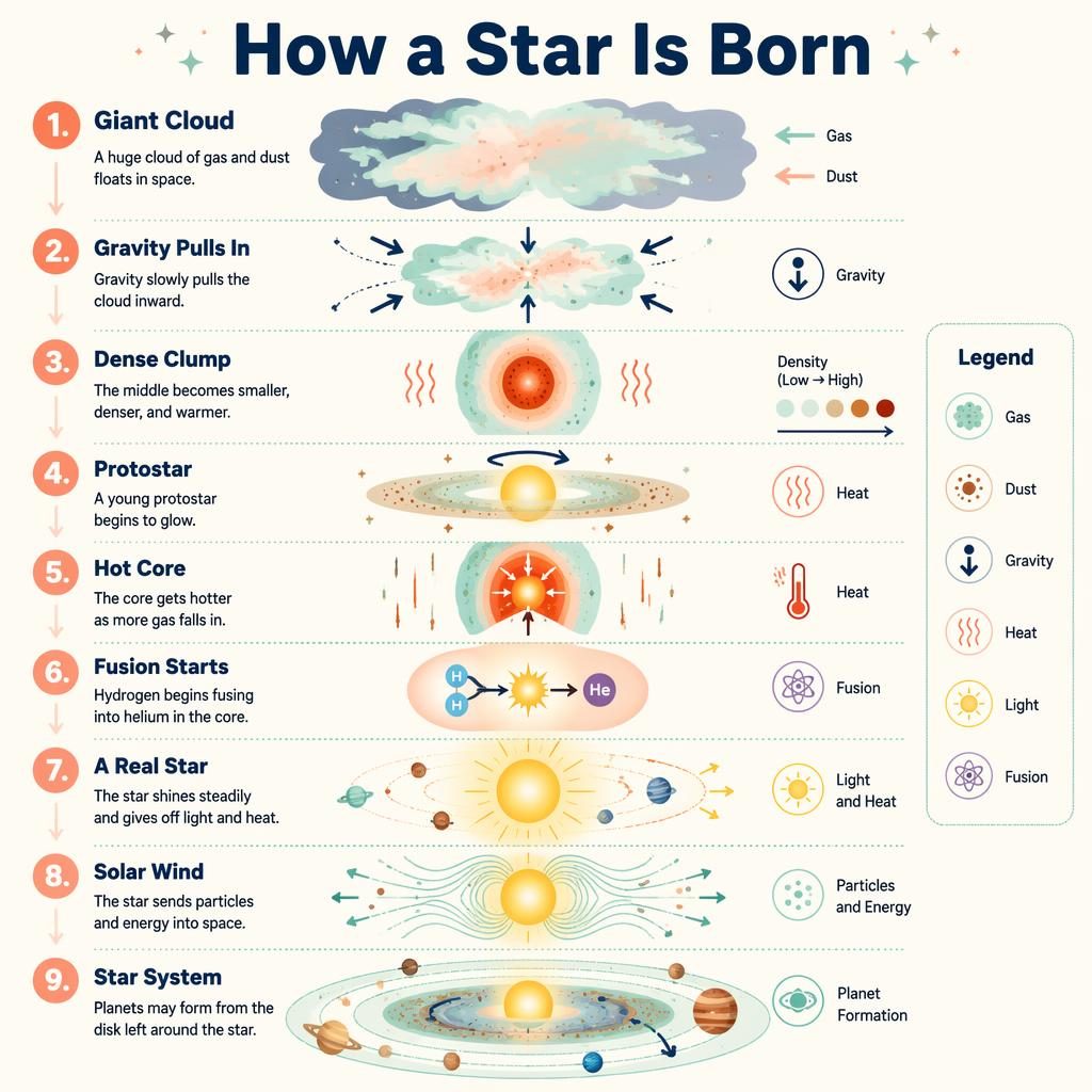 Portrait minimal infographic for kids showing 9 stages of star formation with arrows, labels, legend, and pastel space icons.