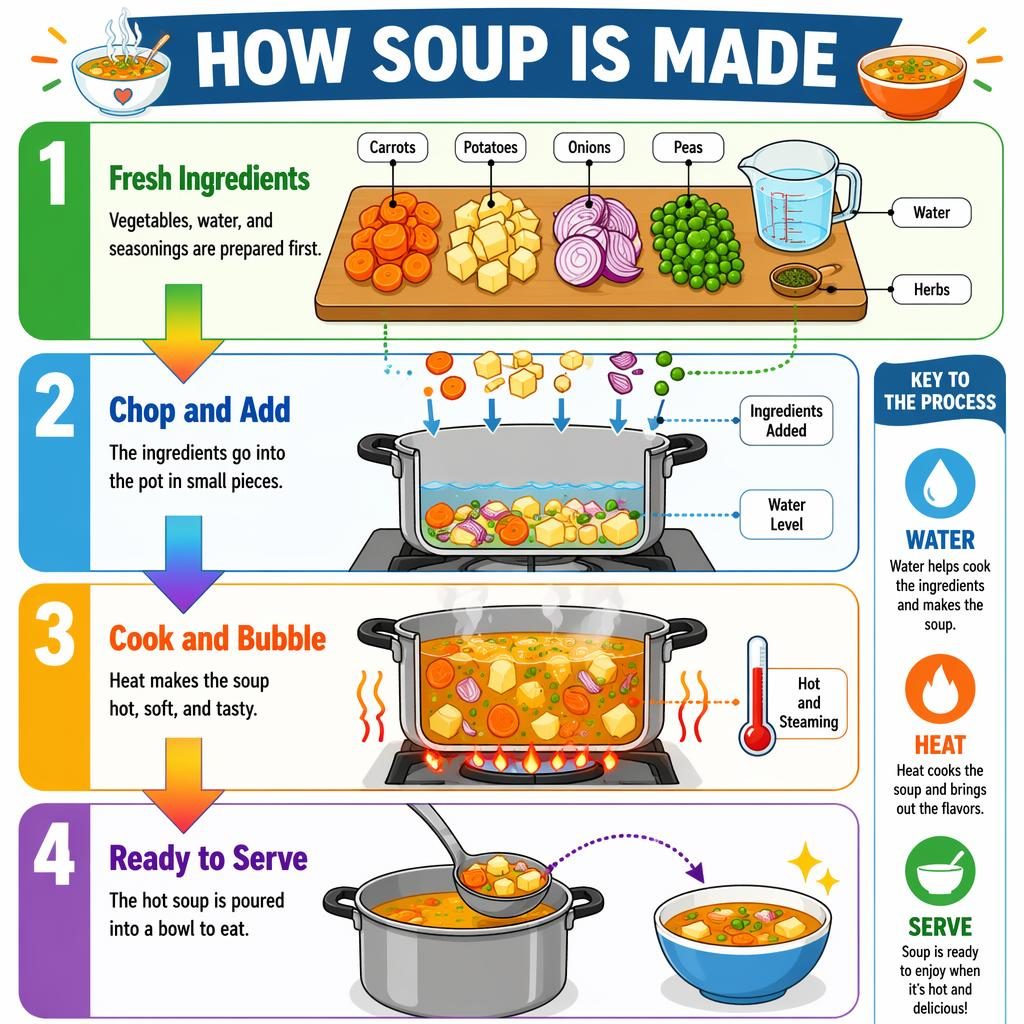 Póster infográfico infantil en vertical sobre cómo se hace la sopa, con 4 etapas numeradas, flechas arcoíris y diagramas