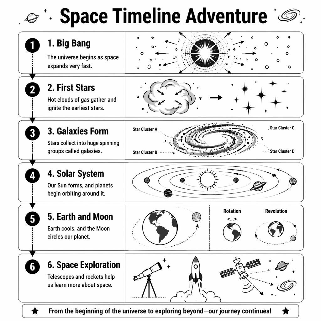 Black-and-white kids space timeline infographic poster with 6 numbered stages, central dotted spine, arrows, stars, planets.