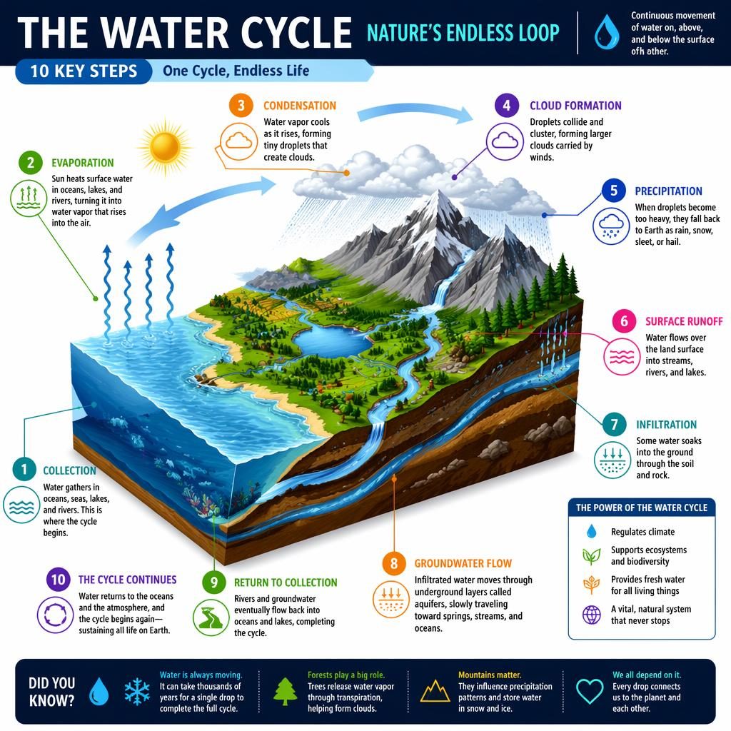 Detailed nature and biology infographic with a cutaway technical diagram, rainbow palette, numbered labels, captions, and arrows.