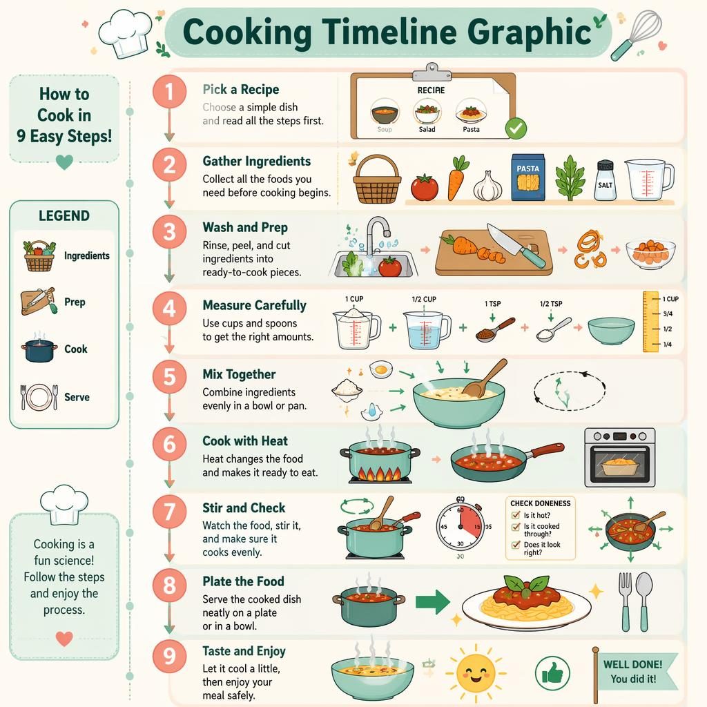 Kid-friendly 9-step cooking timeline infographic poster in pastel mint and peach with icons, arrows, labels, and legend.