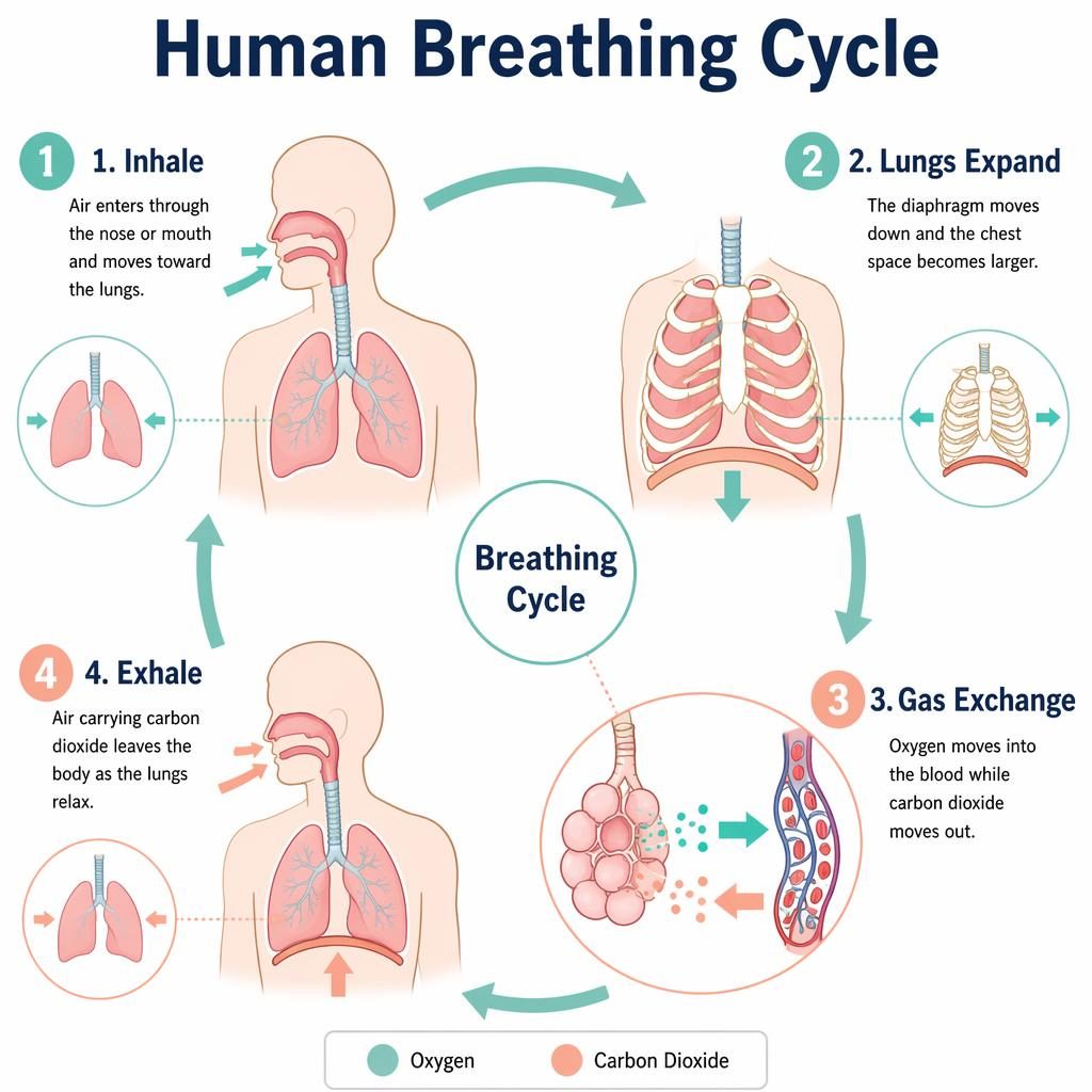 Portrait classroom infographic showing a 4-step human breathing cycle with anatomy icons, arrows, legend, and pastel labels.