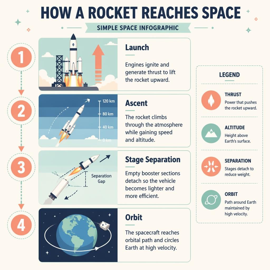 Portrait infographic poster showing 4 rocket stages: launch, ascent, stage separation, and orbit with arrows and legend.