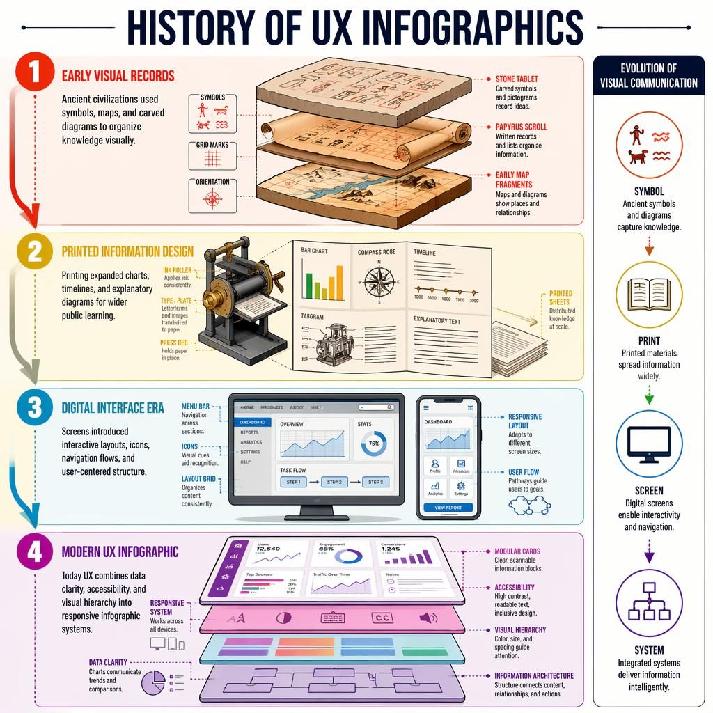 Portrait ux infographic poster with 4 numbered stages, cutaway diagrams, arrows, legend, and rainbow color-coded panels.