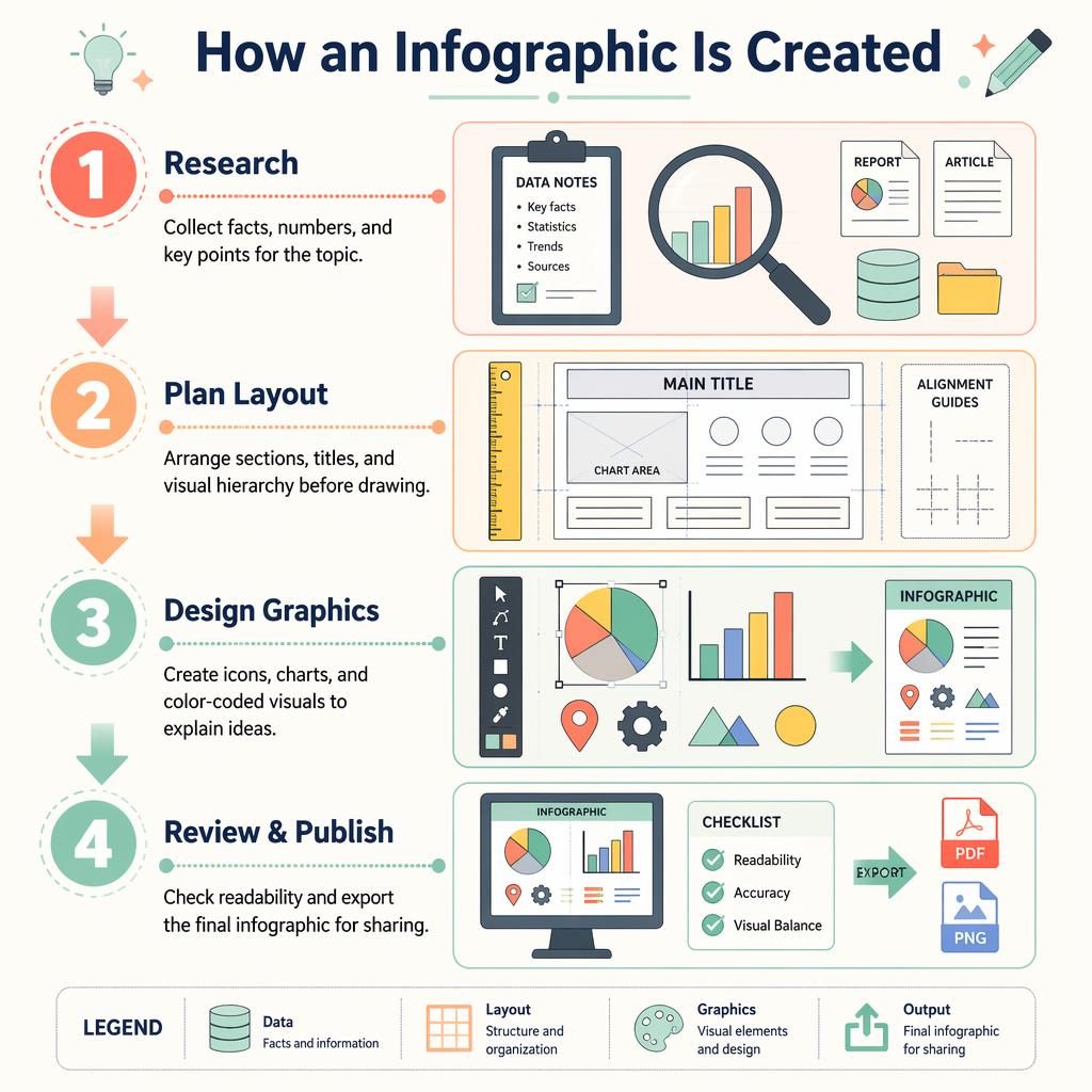 Portrait educational poster showing 4 infographic creation steps with numbered badges, arrows, diagrams, and legend.