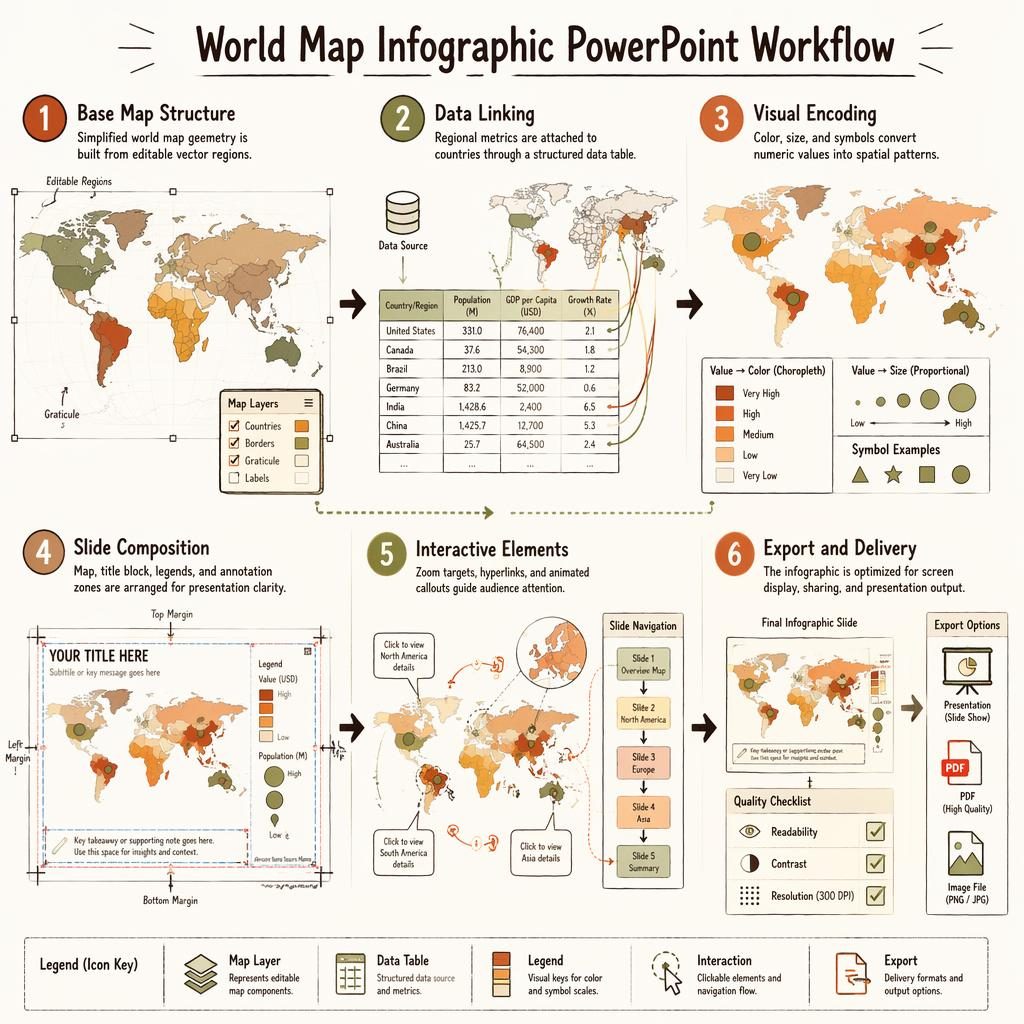 Landscape whiteboard-style poster showing a 6-step world map infographic PowerPoint workflow with arrows, legends, and icons.