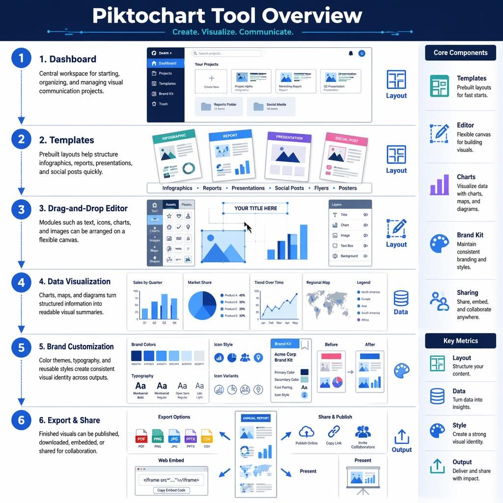 Póster infográfico vertical de la herramienta Piktochart con 6 pasos, flechas, paneles UI, gráficos y leyenda lateral.