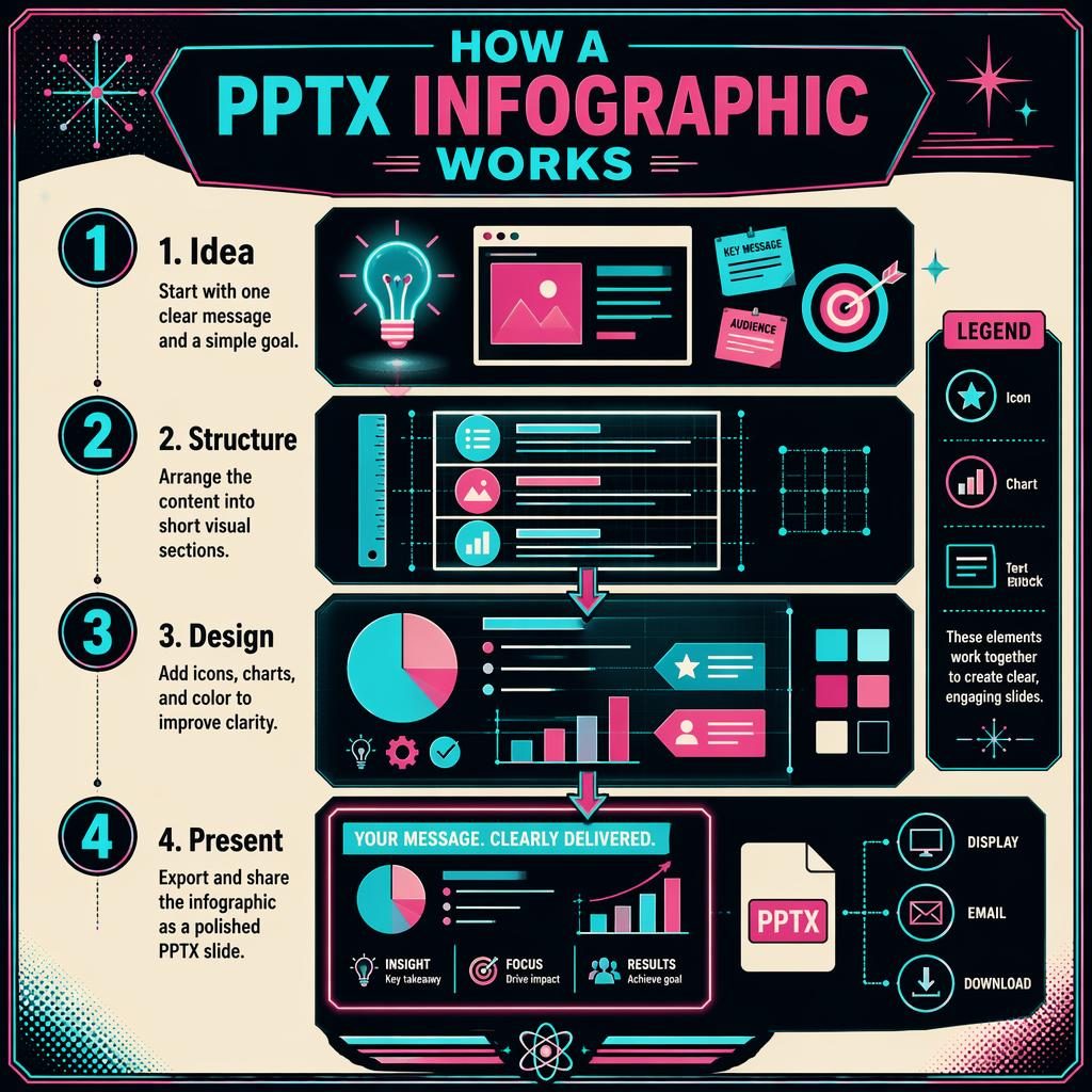Portrait educational poster showing 4 steps of an infographic PPTX workflow with cyan-magenta arrows, charts, icons, and labels.