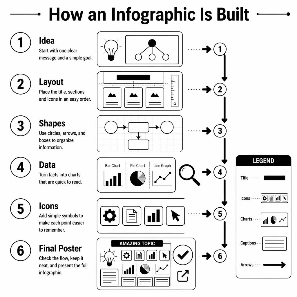 Black and white educational infographic poster for kids showing 6 numbered steps with arrows, charts, icons, and legend.