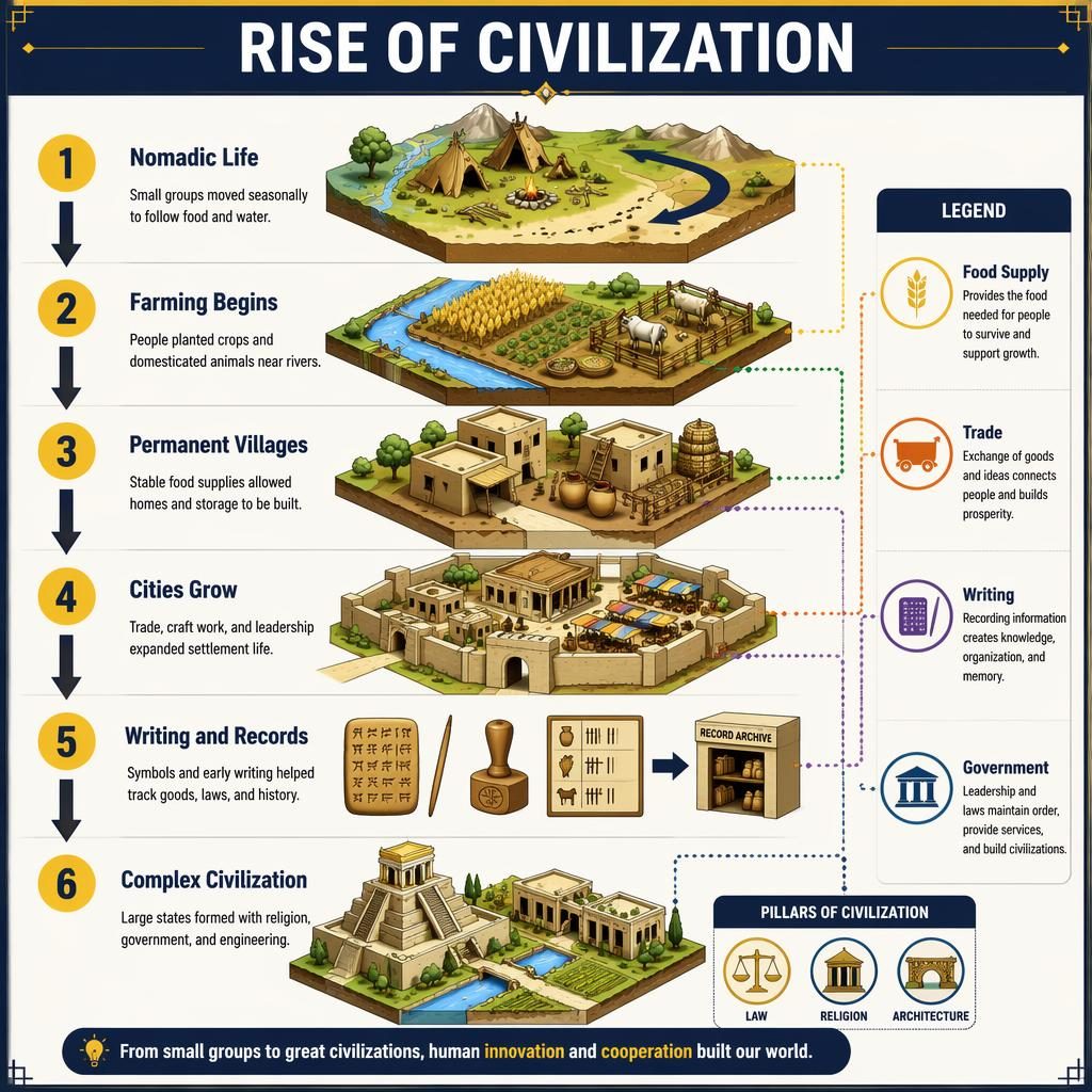 Isometric 3D educational poster showing 6 stages of early civilization with numbered sections, arrows, legend, and English labels.