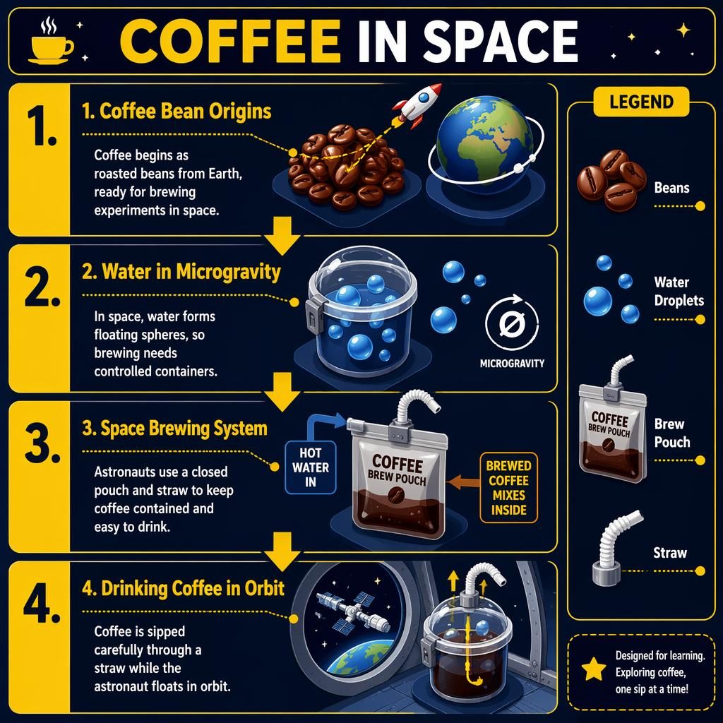 Portrait coffee infographic poster showing 4 isometric steps of brewing and drinking coffee in space with legend panel.