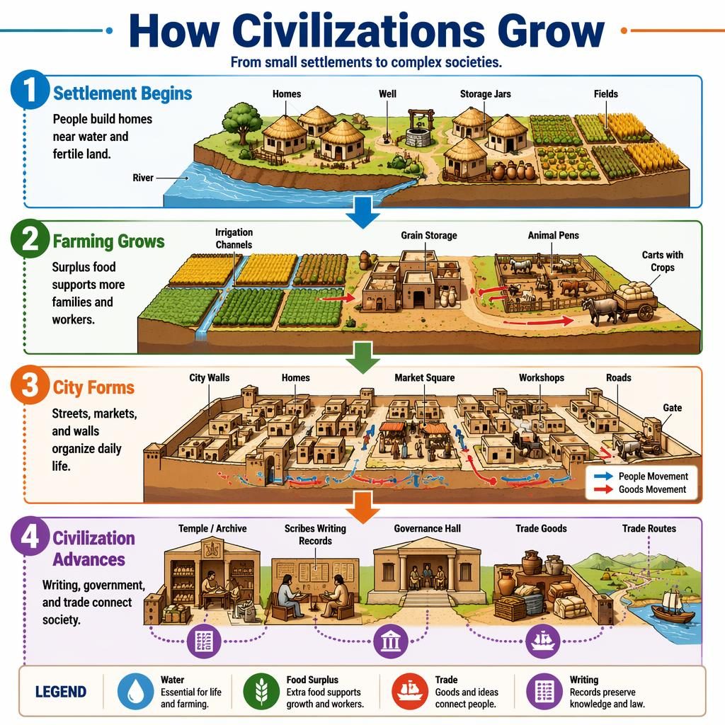 Portrait educational infographic poster showing 4 color-coded stages of civilization growth with cutaway diagrams and arrows