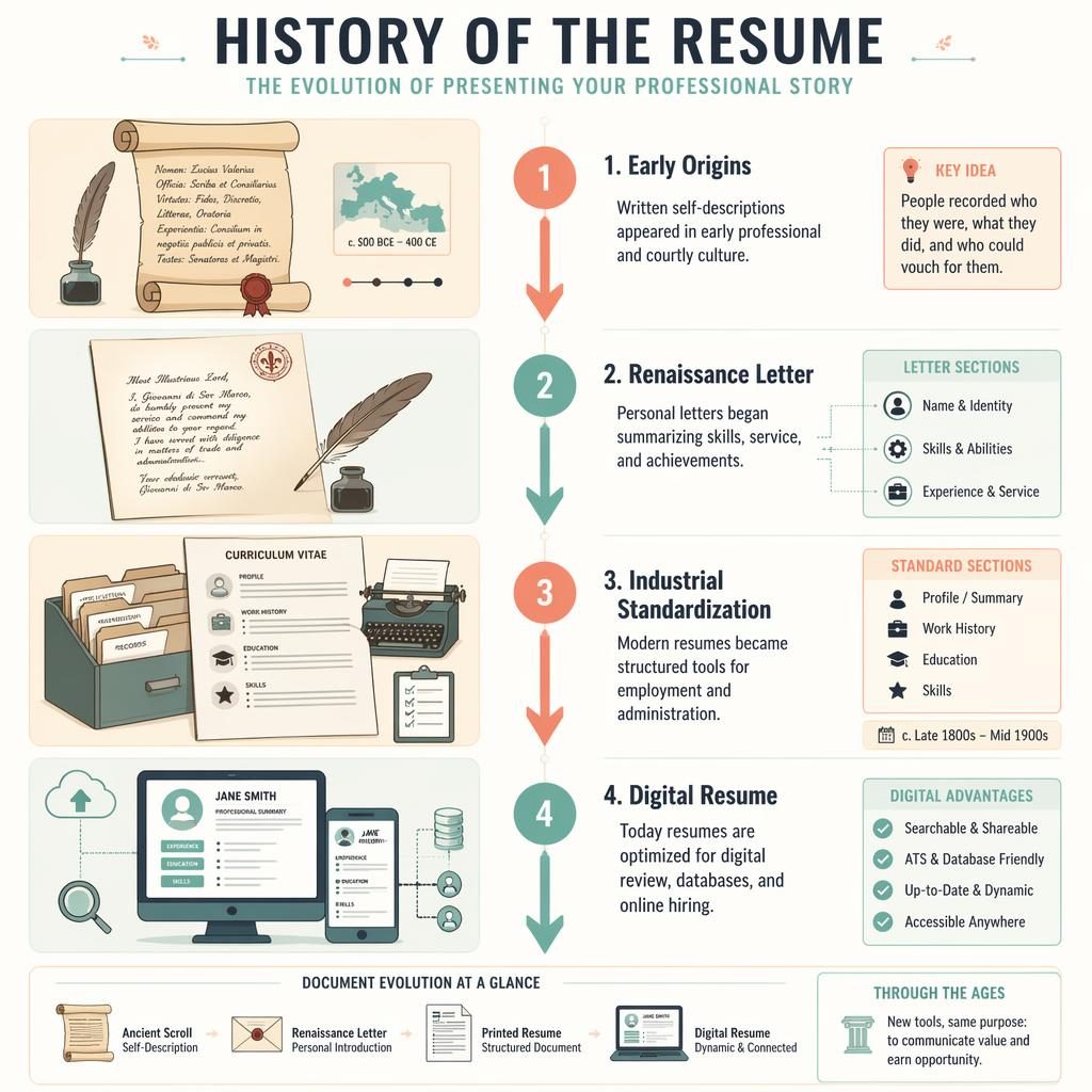 Portrait resume infografik showing a 4-step history timeline from parchment scroll to digital CV with arrows and icons.