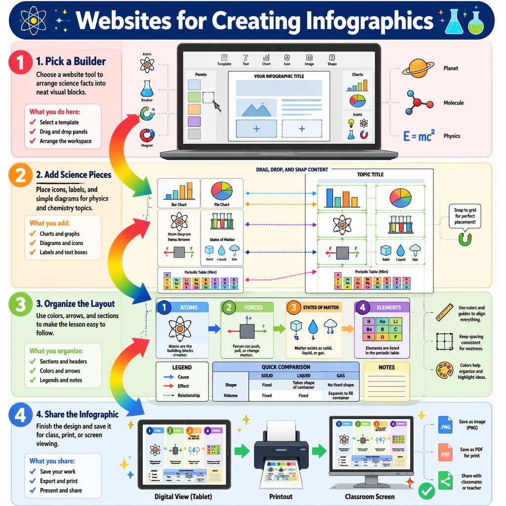 Kid-friendly infographic poster showing 4 steps for websites for creating infographics with laptop, charts, science icons, arrows.