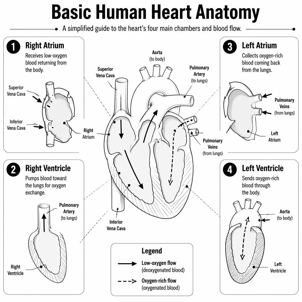Póster infográfico vertical en blanco y negro sobre anatomía básica del corazón con 4 secciones numeradas y flechas.