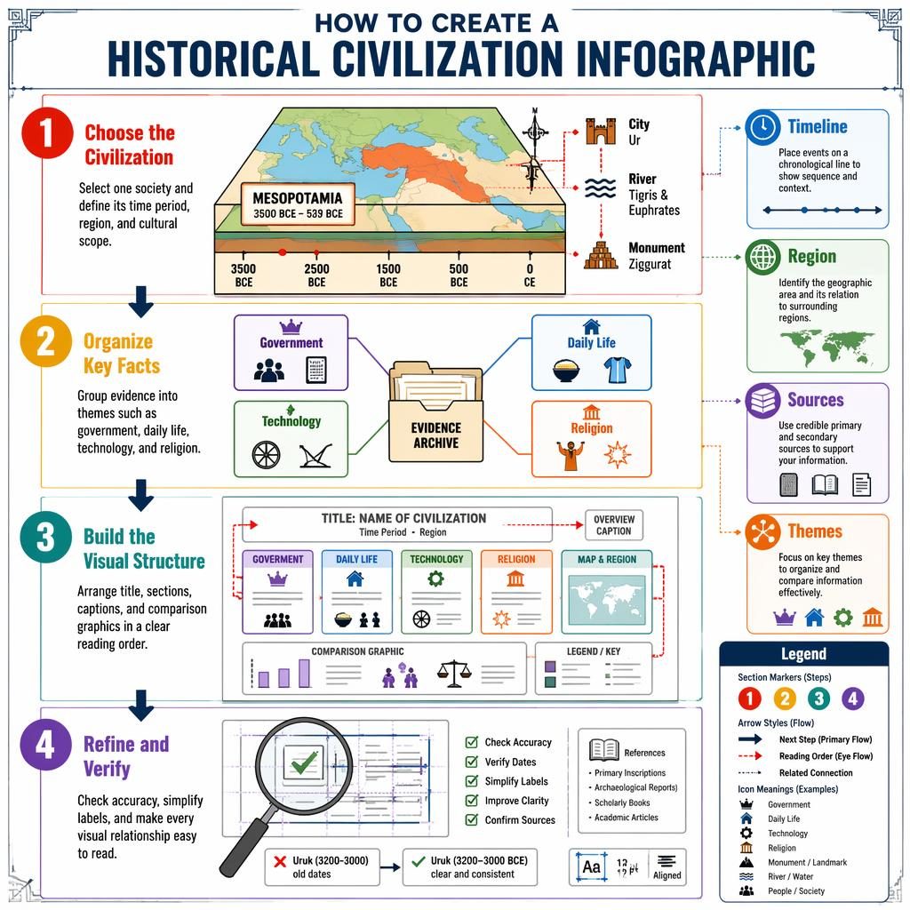 Póster infográfico vertical con 4 etapas numeradas, flechas, leyenda y diagramas técnicos sobre crear una civilización histórica.
