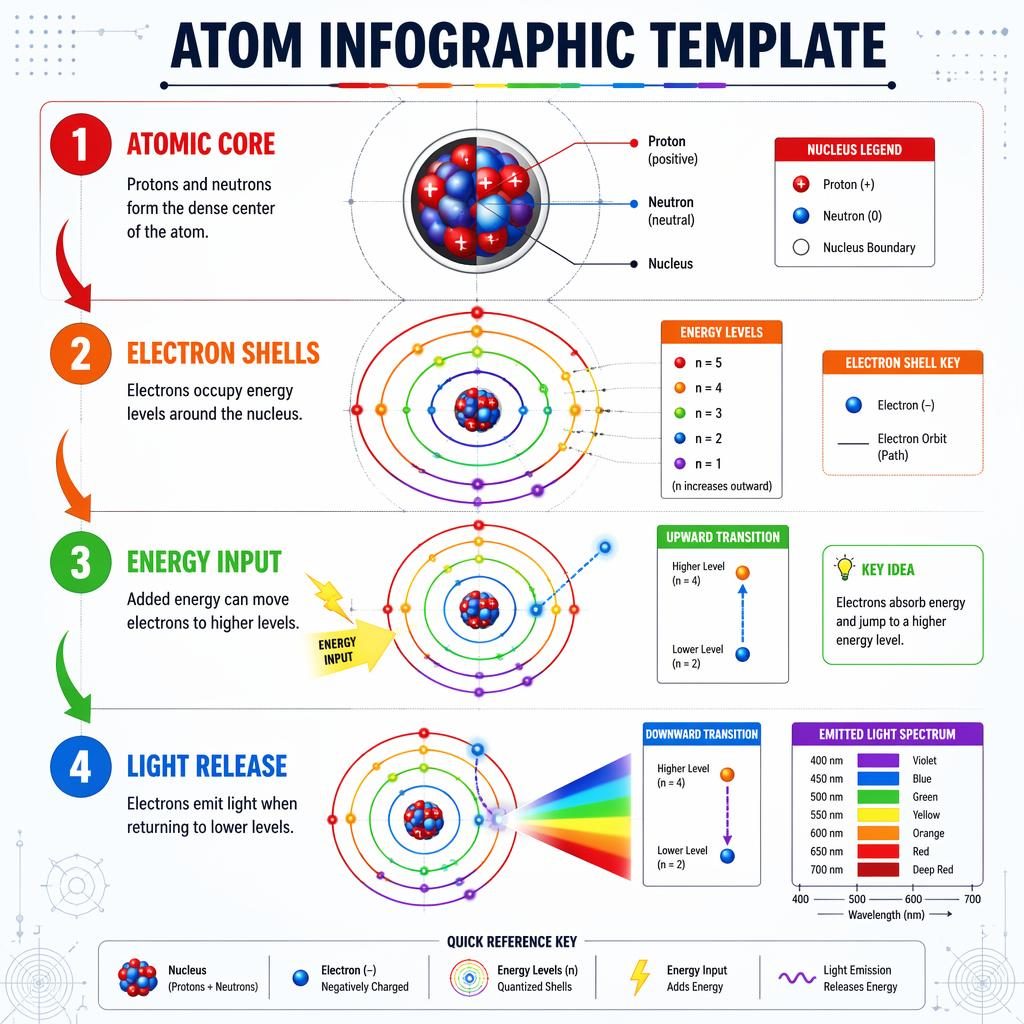 Portrait atom infographic poster with 4 numbered sections, orbit rings, energy arrows, spectrum burst, and English labels.