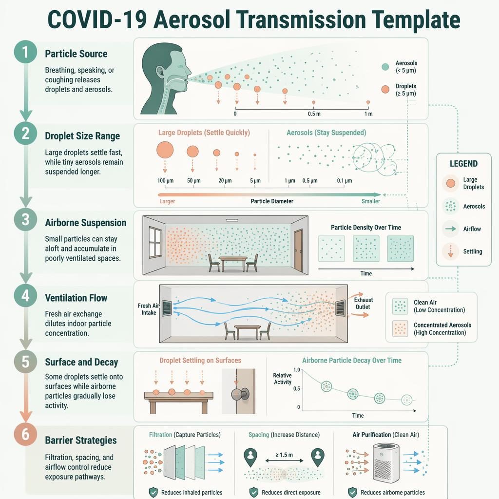 Portrait infographic with 6 numbered panels on COVID-19 aerosol transmission, airflow, droplets, ventilation, decay, and barriers.
