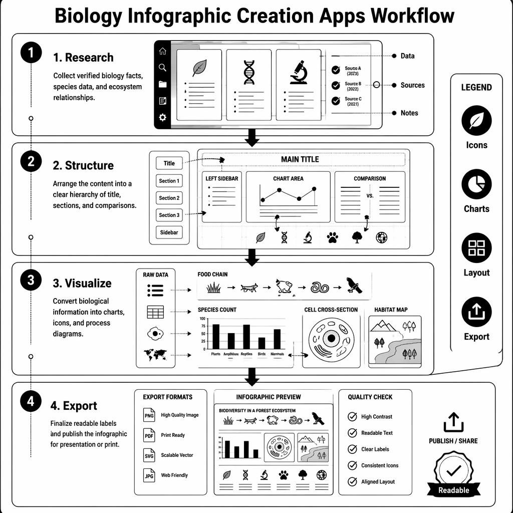 Póster infográfico vertical en blanco y negro con 4 etapas numeradas sobre creación de infografías de biología.