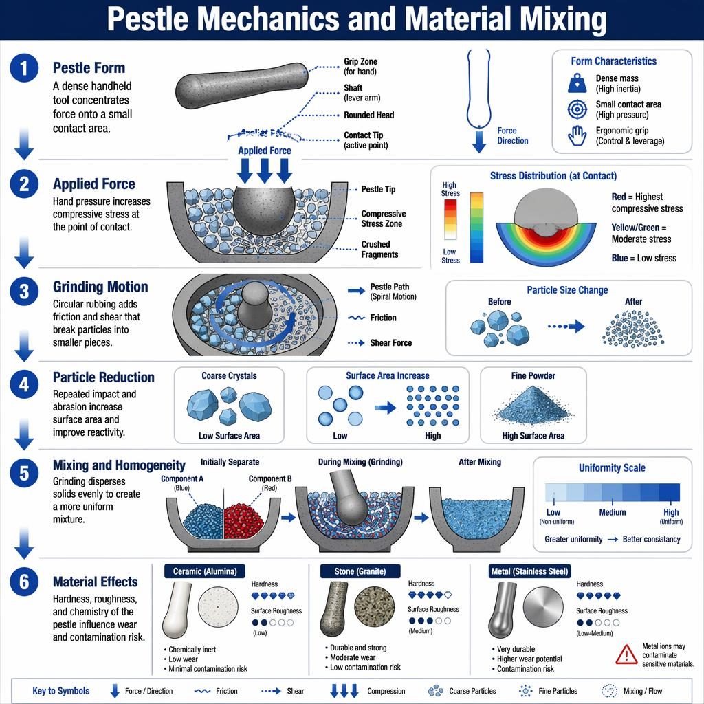 Portrait technical pestle infographic with 6 numbered steps, blue arrows, mortar diagrams, particle reduction, mixing, and materials.