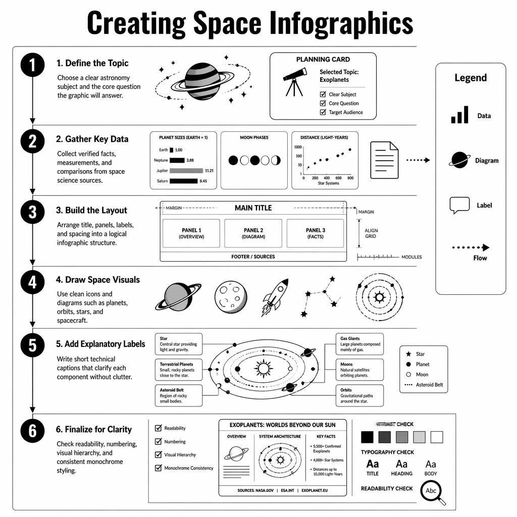Portrait astronomy infographic with 6 numbered steps, black arrows, legend panel, and monochrome space icons.