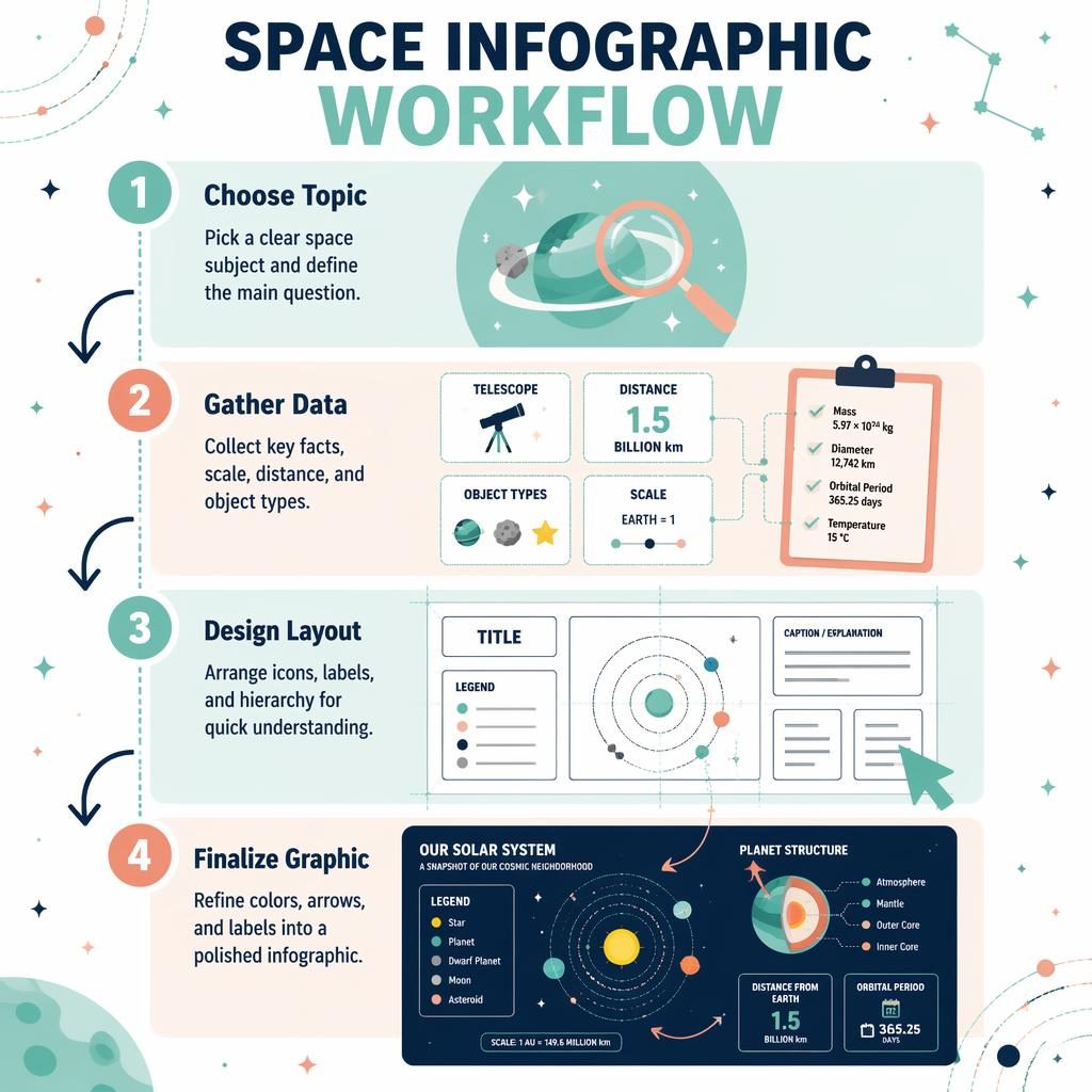 Póster infográfico vertical de espacio con 4 pasos, flechas curvas, iconos astronómicos y paleta menta, durazno y azul marino.