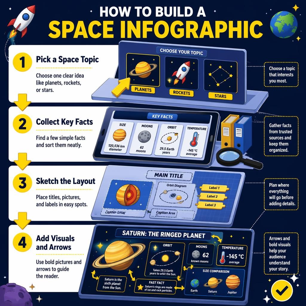 Portrait kids space infographic poster with 4 isometric steps, yellow arrows, navy labels, and clean space icons.