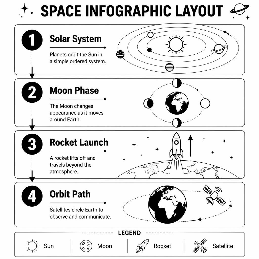 Black and white 4-step space infographic poster with Solar System, Moon Phase, Rocket Launch, and Orbit Path icons.