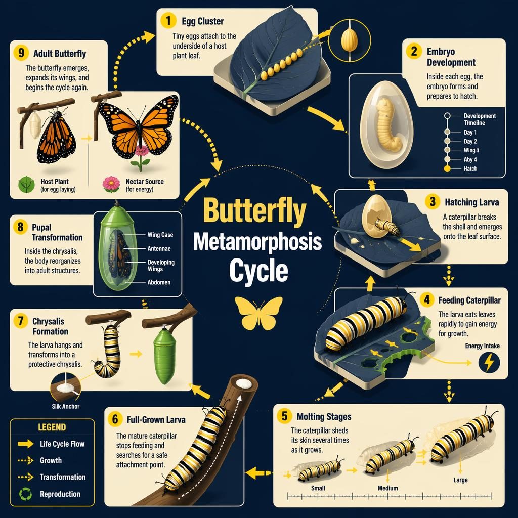 Affiche infographique 3D isométrique montrant 9 étapes du cycle du papillon, avec flèches, légendes et palette jaune marine.