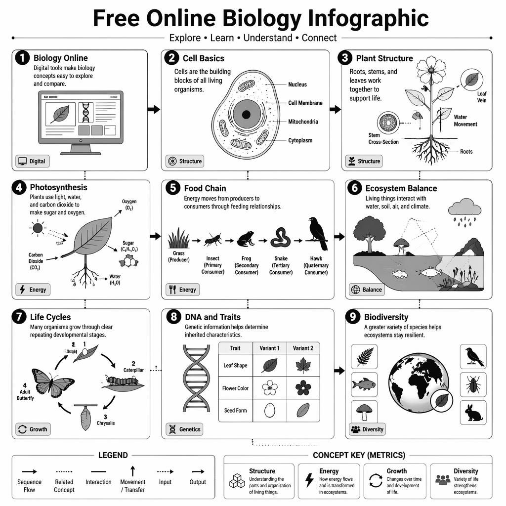 Póster infográfico vertical en blanco y negro con 9 pasos de biología, diagramas, flechas, iconos y leyenda.