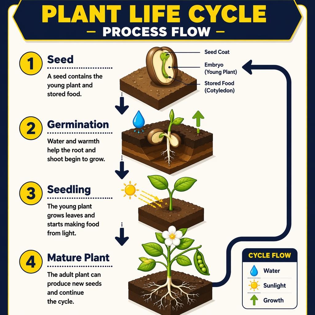 Isometric 4-step plant life cycle process flow infographic poster with seed, germination, seedling, mature plant, arrows