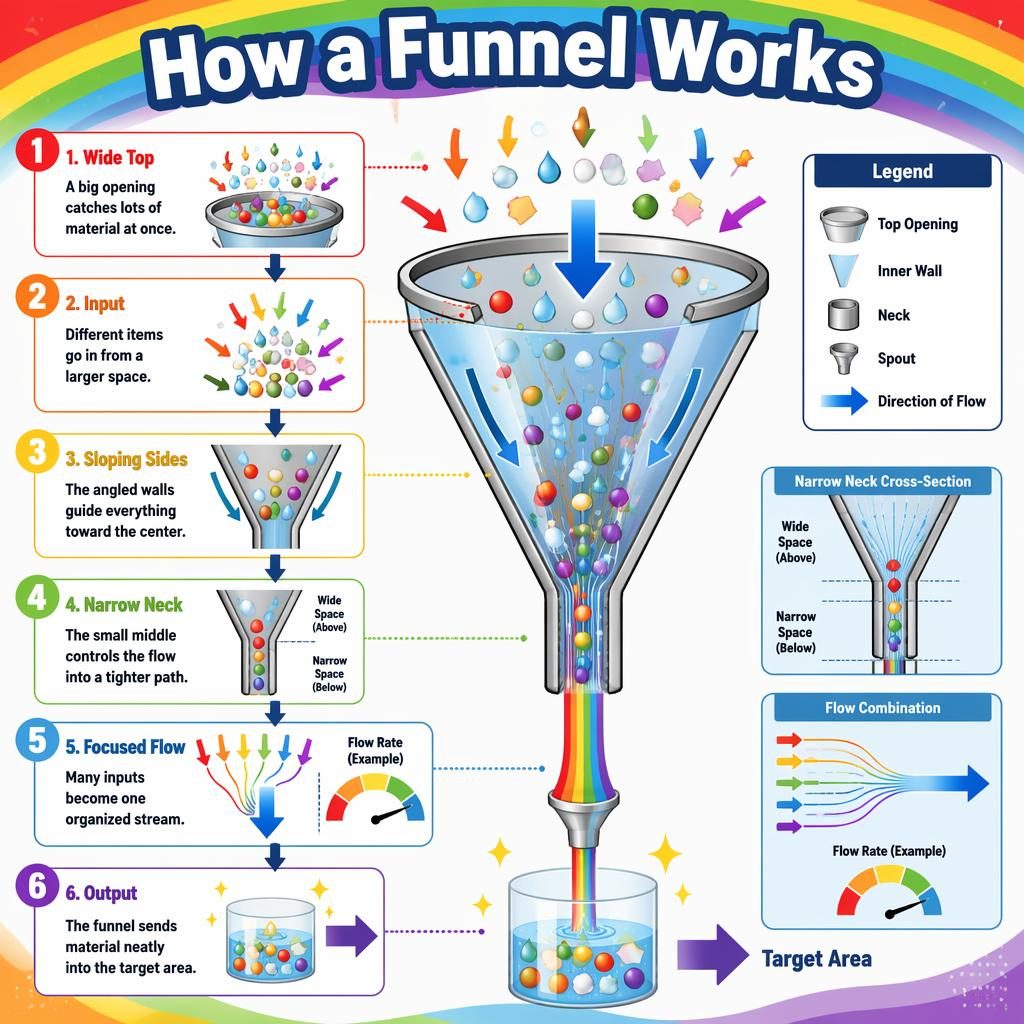 Portrait funnel infographic for kids with 6 labeled stages, rainbow arrows, cutaway diagram, legend, and clean sans-serif text.
