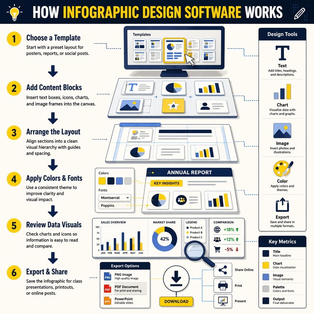 Póster infográfico isométrico con 6 pasos numerados, flechas, panel lateral de herramientas y paleta amarillo marino.