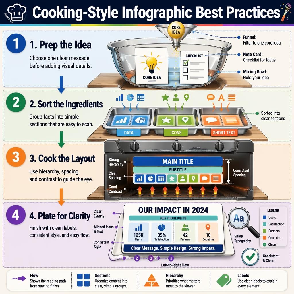 Portrait cooking-style infographic poster with 4 numbered steps, cutaway diagrams, arrows, labels, and footer legend.