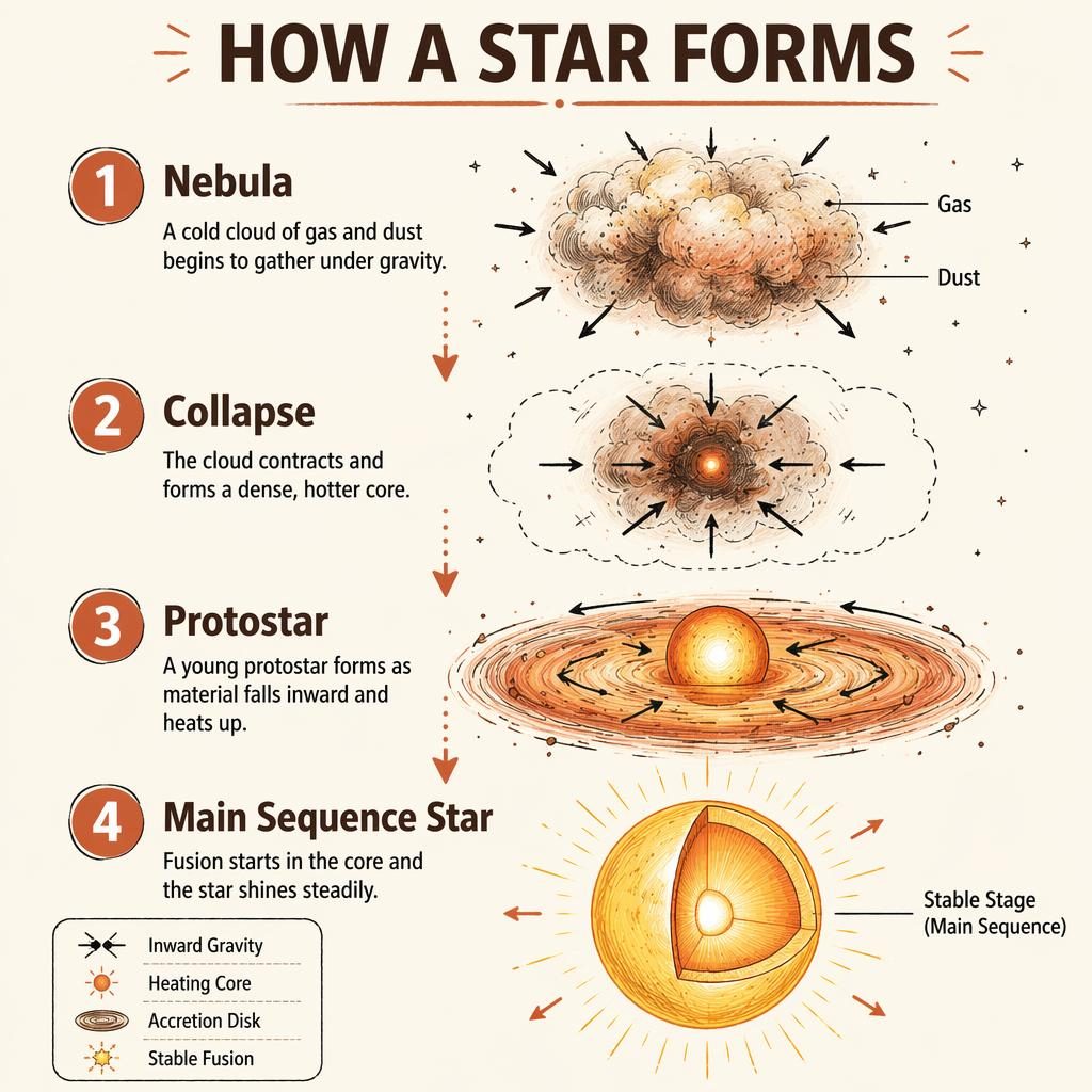 Portrait infographic showing 4 stages of star formation with numbered diagrams, arrows, captions, and legend in warm earth tones.
