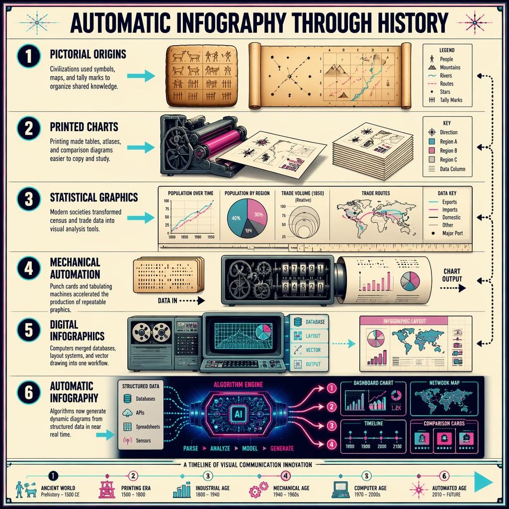 Póster infográfico vertical sobre la historia de la infografia automatica con 6 etapas, flechas, diagramas y paleta neón cian magenta.